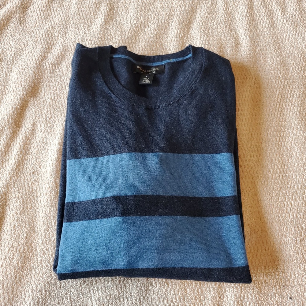 Banana Republic‎ Mens Silk Cashmere Cotton Striped Crewneck Sweater Navy Blue L - Picture 3 of 6